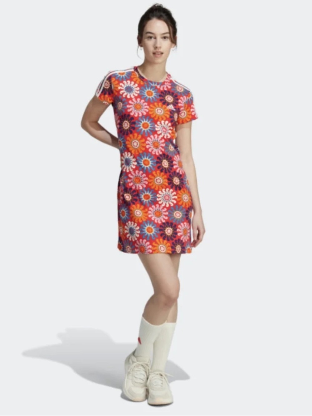 FARM Rio Vibrant Floral Print Short Sleeve Shirt Dress Adidas Collaboration